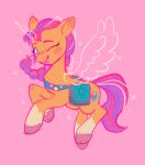  bag blush brobobot cutie_mark equid equine female feral hasbro hooves horn mammal mlp_g5 my_little_pony one_eye_closed open_mouth pink_background simple_background solo sunny_starscout_(mlp) tuft winged_unicorn wings wink 