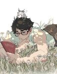  1boy akaashi_keiji animal animal_on_head aqua_tank_top bangs bird black_hair blush book brown_pants closed_mouth flower grass haikyuu!! highres holding holding_book jtdbyhra2022 leaf leaf_on_head lying male_focus on_head on_stomach open_book owl pants reading short_hair tank_top 