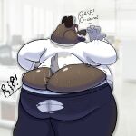  aggressive_retsuko anthro bodily_fluids butt clothing haida hi_res hyaenid inflatingskunk male mammal musk overweight sanrio solo sweat torn_clothing 