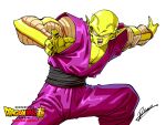  1boy antennae bald black_nails black_sash colored_skin copyright_name dougi draftsman79 dragon_ball dragon_ball_super dragon_ball_super_super_hero english_commentary fang fighting_stance green_skin male_focus muscular muscular_male open_mouth pants piccolo pointy_ears purple_pants purple_shirt sash shirt signature simple_background solo white_background 