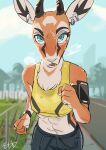  abs absurd_res antelope anthro biped bodily_fluids bovid bra building city clothing detailed_background ear_piercing exercise female front_view green_eyes hi_res house jogging kemokin_mania mammal orange_body phone piercing plant signature sweat tree underwear white_body 