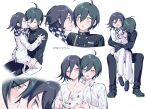  2boys :d ahoge bangs black_hair black_jacket black_pants blush buttons checkered_clothes checkered_scarf danganronpa_(series) danganronpa_v3:_killing_harmony double-breasted ewa_(seraphhuiyu) eye_contact eyebrows_visible_through_hair flipped_hair full_body highres hug imminent_kiss invisible_chair jacket kiss looking_at_another multiple_boys open_mouth ouma_kokichi pants saihara_shuuichi scarf short_hair sitting smile undressing_another white_jacket white_pants yaoi 