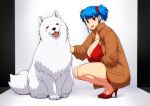  1girl blue_hair breasts brown_coat cleavage coat dress earrings erkaz hair_ornament hair_scrunchie high_heels highres huge_breasts jewelry long_sleeves open_mouth original red_dress red_eyes red_footwear red_scrunchie rina_atherina scrunchie shadow smile solo squatting twintails white_dog 