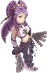  1girl bare_shoulders breasts comb double_bun fire_emblem fire_emblem_fates hand_fan highres holding holding_fan japanese_clothes large_breasts midriff navel orochi_(fire_emblem) purple_eyes purple_hair solo spdg22 