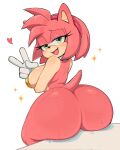  1girl amy_rose animal_ears animal_nose ass blush breasts furry furry_female gloves green_eyes hairband hedgehog_ears hedgehog_girl hedgehog_tail huge_ass ichig8miruku large_breasts looking_at_viewer looking_back open_mouth pink_fur pink_hair red_hairband short_hair smile solo sonic_(series) tail thick_thighs thighs white_gloves wide_hips 