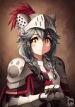  1girl :3 animal_ears_helmet armor artist_name bangs banned_artist blush braid breastplate brown_background commentary_request gauntlets grey_hair hair_between_eyes helmet highres kinkaikii long_hair original own_hands_together pauldrons paw_print plume red_feathers shoulder_armor solo tabard twin_braids yellow_eyes 