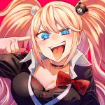  1girl bangs bear_hair_ornament black_bra black_choker black_shirt blush bow bra breasts choker cleavage collarbone danganronpa:_trigger_happy_havoc danganronpa_(series) enoshima_junko gradient gradient_background hair_ornament highres kyougetsu_(junrai) large_breasts long_hair looking_at_viewer nail_polish red_background red_bow red_nails shirt smile solo teeth tongue tongue_out twintails underwear upper_body upper_teeth 