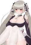  1girl azur_lane bare_shoulders between_breasts black_dress black_nails breasts cleavage clothing_cutout detached_collar dress eyebrows_visible_through_hair feet_out_of_frame formidable_(azur_lane) frilled_dress frills garter_straps grey_hair highres lace-trimmed_legwear lace_trim large_breasts light_smile long_hair looking_at_viewer on_ura358 orange_eyes shoulder_cutout simple_background sitting solo thighhighs thighs twintails two-tone_dress two-tone_ribbon very_long_hair white_background white_garter_straps white_legwear 