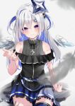  1girl amane_kanata angel angel_wings bare_shoulders belt black_dress blue_belt blue_hair blue_legwear blue_wings blush closed_mouth colored_inner_hair dress feathered_wings feathers gradient gradient_dress gradient_wings grey_hair hair_between_eyes hair_ornament hair_over_one_eye hairclip halo highres hololive jewelry long_hair looking_at_viewer mini_wings motoi_(croa76) multicolored_hair multicolored_wings necklace pink_hair pleated_dress purple_eyes reaching_out short_dress single_hair_intake single_thighhigh sitting sleeveless sleeveless_dress smile solo star_(symbol) star_halo star_necklace streaked_hair thighhighs two_side_up virtual_youtuber white_wings wings 