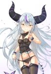 1girl ass_visible_through_thighs black_bustier black_panties braid breasts bustier demon_horns finger_to_mouth garter_straps grey_hair grin highres hololive horns index_finger_raised la+_darknesss lingerie long_hair looking_at_viewer multicolored_hair navel panties panty_pull pointy_ears pulled_by_self side-tie_panties small_breasts smile solo streaked_hair thigh_gap thighs underwear underwear_only untying very_long_hair virtual_youtuber xiao_xiao_tian yellow_eyes 