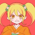  1girl angry bangs blonde_hair cat_hair_ornament commentary_request danganronpa_(series) danganronpa_2:_goodbye_despair hair_ornament japanese_clothes kimono long_hair niwatori_panda orange_eyes orange_kimono portrait red_background saionji_hiyoko simple_background solo teeth twintails v-shaped_eyebrows 