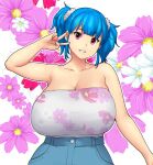  1girl anatomical_nonsense arm_up bangs bare_shoulders blue_hair breasts erkaz eyebrows_visible_through_hair floral_background flower hair_ornament hair_scrunchie highres huge_breasts looking_at_viewer medium_hair original outline parted_lips purple_flower red_flower rina_atherina scrunchie smile solo strapless twintails v white_flower white_outline white_scrunchie 