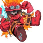  1boy armlet bangs character_request digimon digimon_(creature) fire flame gloves goggles goggles_on_head grey_background highres level-00 magic pants red_eyes red_footwear red_gloves red_headwear red_pants simple_background solo teeth 