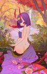  1girl alcohol ass autumn bad_anatomy bangs bob_cut borscht_(artist) clothes_removed cup eyeliner fate/grand_order fate_(series) flat_chest flower flower_request fountain headpiece highres horns japanese_clothes kimono leaf looking_back makeup nature nipples nude oni_horns open_mouth outdoors over_shoulder purple_eyes purple_hair purple_kimono sakazuki sake short_hair shoulder_blades shuten_douji_(fate) smile solo tree water waterfall 