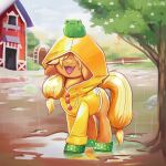  1:1 absurd_res amphibian applejack_(mlp) barn blonde_hair boots clothing coat confetticakez earth_pony equid equine female floppy_ears footwear friendship_is_magic frog hair hi_res horse mammal my_little_pony open_mouth open_smile plant pony puddle raincoat raining ravensun rubber rubber_boots smile topwear tree 