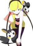  absurdres aqua_eyes bangs bare_arms bare_shoulders black_choker black_legwear blonde_hair blue_eyes blunt_bangs breasts choker dress elesa_(pokemon) emolga hand_on_own_knee highres morki95 pantyhose pokemon pokemon_(creature) pokemon_(game) pokemon_bw short_dress short_hair sleeveless sleeveless_dress yellow_dress 