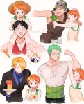  1girl 4boys bad_id bad_twitter_id black_hair black_necktie blonde_hair brown_overalls carrying child cup dress drink drinking_straw earrings eating formal green_hair haramaki hat holding jewelry joman juice monkey_d._luffy multiple_boys nami_(one_piece) necktie one_piece orange_eyes orange_hair orange_juice overalls red_shirt roronoa_zoro sanji scar scar_on_face shirt short_hair shoulder_carry sleeveless sleeveless_dress slingshot straw_hat suit twitter_username usopp white_shirt younger 