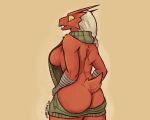  anthro avian bare_shoulders blaziken breasts butt clothed clothing female hair meme meme_clothing nintendo nude partially_clothed pok&eacute;mon pok&eacute;mon_(species) rear_view red_body sarcoph side_boob simple_background smile solo solo_focus sweater topwear video_games virgin_killer_sweater wide_hips 