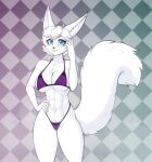  2022 abs absurd_res anthro arctic_fox bikini blue_eyes breasts canid canine cleavage clothed clothing eyebrow_through_hair eyebrows eyelashes female fox fur hair hi_res inner_ear_fluff mammal scorpdk smile solo swimwear translucent translucent_hair tuft white_body white_fur white_hair yuki_(yuki_anno) 