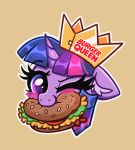  absurd_res blush blush_stickers burger confetticakez crown eating equid equine food friendship_is_magic hair hi_res horn looking_at_viewer mammal my_little_pony one_eye_closed paper_crown portrait_(object) purple_eyes purple_hair ravensun solo twilight_sparkle_(mlp) unicorn wink winking_at_viewer 