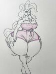  2022 absurd_res anthro big_breasts bottom_heavy bottomwear breasts clothing curvy_figure cutie_mark equid equine eyelashes female friendship_is_magic graphite_(artwork) hair hand_on_head hi_res horse huge_hips huge_thighs hyper hyper_hips hyper_thighs long_hair mammal my_little_pony nipple_outline pencil_(artwork) pinkie_pie_(mlp) pony shorts small_waist solo thick_thighs tracer_painter traditional_media_(artwork) wide_hips 