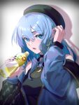  1girl bangs beret blue_eyes blue_hair bottle c.c._lemon earrings grey_headwear grey_jacket hair_between_eyes hat highres holding holding_bottle hololive hoshimachi_suisei jacket jewelry juice long_sleeves looking_at_viewer medium_hair memetaroh open_clothes open_jacket open_mouth signature solo star_(symbol) star_earrings upper_body virtual_youtuber 