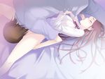  1girl 69 bed_sheet blush bottomless brown_hair closed_eyes cum cunnilingus fellatio game_cg haimura_kiyotaka hetero kagami_kouhei kirimiya_mizuki long_hair oral penis purple_hair uncensored yume_miru_kusuri 