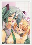  blonde_hair blush breasts censored closed_eyes cum detached_sleeves green_eyes green_hair hatsune_miku headphones highres himukai_kyousuke kagamine_rin long_hair moire multiple_girls necktie nipples ribbon scan short_hair small_breasts thighhighs twintails vocaloid wince 