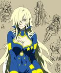  1girl artist_request blonde_hair breasts cleavage cleavage_cutout genderswap genderswap_(mtf) hair_over_one_eye hetero large_breasts long_hair lowres paizuri penis pointy_ears solo_focus tengen_toppa_gurren_lagann viral yellow_eyes 