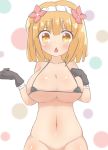  1girl bikini blonde_hair blush bottomless breasts endro! fai_fai flower groin hair_flower hair_ornament large_breasts looking_at_viewer micro_bikini short_hair solo swimsuit swimwear yellow_eyes 