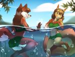  canid canine clothing duo female fox inktiger mammal partially_submerged red_fox rodent sciurid swimming swimsuit tree_squirrel water 