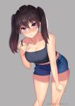  1girl bangs bare_shoulders black_hair blue_shorts blush breasts collarbone commentary_request grey_background grey_camisole highres hips kagematsuri leaning_forward long_hair looking_at_viewer medium_breasts original parted_lips purple_eyes short_shorts shorts simple_background smile solo thighs twintails 
