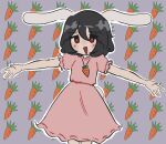  1girl animal_ears bad_deviantart_id bad_id black_hair blush blush_stickers carrot carrot_necklace dress frilled_dress frills heart heart-shaped_pupils highres inaba_tewi melansoda open_mouth outstretched_arms pink_dress rabbit_ears rabbit_tail red_eyes short_hair short_sleeves spread_arms symbol-shaped_pupils tail touhou 