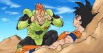  armor artist_name black_hair blue_eyes blue_shirt blue_wristband bodysuit bruise bruised_eye closed_eyes cloud cloudy_sky cuts dougi dragon_ball dragon_ball_fighterz dragon_ball_z earrings english_commentary green_armor injury invincible_(series) jewelry lying meme mohawk muscular muscular_male on_back on_ground open_mouth orange_hair orange_pants orange_shirt pants plantsa_man red_ribbon_army shirt sky spiked_hair stone think_mark_think!_(meme) watermark wristband 