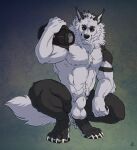  anthro avoid_posting black_body black_fur boombox canid canine canis cbh crouching ear_tuft fur grey_body grey_fur hi_res humanoid looking_at_viewer male mammal markings muscular muscular_anthro muscular_male solo striped_markings stripes tuft wolf 