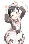  1girl ;d alternate_costume black_hair blush brown_eyes enmaided frills highres idolmaster idolmaster_million_live! kokekokko_coma long_sleeves looking_at_viewer maid maid_headdress nakatani_iku one_eye_closed one_side_up open_mouth short_hair side_bun smile solo yellow_eyes 