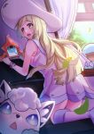  1girl absurdres alolan_vulpix blonde_hair blue_footwear blush breasts collared_dress commentary_request dress eyelashes falling_leaves hat highres indoors kneehighs kneeling leaf lillie_(pokemon) long_hair looking_back open_mouth pokemon pokemon_(anime) pokemon_(creature) pokemon_sm_(anime) quagsire rotom rotom_dex shoes sleeveless sleeveless_dress slope_(check238) sparkle sun_hat sundress teeth tongue upper_teeth white_dress white_headwear white_legwear yellow_eyes z-ring 