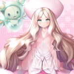  1girl :o bangs blue_eyes blush brown_hair caitlin_(pokemon) dress eyebrows_visible_through_hair hat highres long_hair long_sleeves looking_at_viewer murano parted_bangs parted_lips pink_background pink_headwear pokemon pokemon_(creature) reuniclus sitting sleeves_past_wrists very_long_hair white_dress 