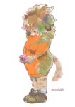  2017 anthro big_hair brown_hair clothed clothing digital_media_(artwork) dress felid female footwear full-length_portrait fur gift green_clothing green_footwear hair holding_gift holding_object kemono lion looking_down mammal monotone_hair orange_clothing orange_dress pantherine plantigrade portrait purple_eyes simple_background solo standing sweater_dress tan_body tan_fur teteteko white_background 