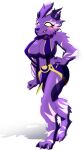  anthro asuri_(brawlhalla) big_breasts blush brawlhalla breasts chocholiw clothed clothing dress empty_eyes felid feline female fur hands_on_hips hi_res huge_breasts mammal markings navel nipples pantherine purple_body purple_clothing purple_dress purple_fur shadow simple_background skimpy skimpy_dress solo tiger white_background white_markings wide_hips 