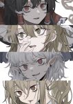  4girls absurdres between_fingers black_hair black_headwear blonde_hair bow cigarette commentary_request earrings eyebrows_visible_through_hair flandre_scarlet frilled_bow frilled_hair_tubes frills grey_hair hair_between_eyes hair_bow hair_tubes hakurei_reimu hat highres hisha_(kan_moko) holding holding_cigarette jewelry kirisame_marisa looking_at_viewer lower_teeth mouth_hold multiple_girls open_mouth pointy_ears red_bow red_eyes sharp_teeth simple_background smoking teeth touhou toutetsu_yuuma upper_teeth white_background witch_hat 