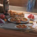  apple basket bottle bread english_commentary food fruit grapes highres mandarin_orange no_humans original pizza plate steam sword table unravel_page watermelon weapon wine_bottle 