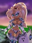  accessory anthro armor barely_sly big_breasts blonde_hair blue_eyes blurred_background bra_armor breasts brown_body brown_inner_ear canid canine canis cheek_tuft clothing cloud collarbone cuisse curvy_figure eye_markings eyelashes facial_markings facial_tuft fangs female gauntlets gloves grass hair hair_accessory hair_tie half-closed_eyes handwear head_markings hi_res hourglass_figure idw_publishing inner_ear_fluff looking_at_viewer mammal markings mask_(marking) midriff narrowed_eyes navel open_mouth open_smile outside panties plant poleyn purple_sky rock sega shield signature smile solo sonic_the_hedgehog_(comics) sonic_the_hedgehog_(idw) sonic_the_hedgehog_(series) spaulder sunrise thick_thighs tuft underwear whisper_the_wolf wide_hips wolf 