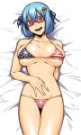  1girl american_flag_bikini bangs bikini blue_hair blue_ribbon breasts breasts_apart bright_pupils burger_hair_ornament collarbone commentary_request cowboy_shot dyun flag_print food-themed_hair_ornament hair_net hair_ornament hair_ribbon halterneck hamburger-chan_(hundredburger) hand_on_own_stomach highres large_breasts looking_at_viewer lying on_back open_mouth original red-framed_eyewear red_eyes ribbon semi-rimless_eyewear short_hair solo stomach sweat swimsuit thigh_gap thighs under-rim_eyewear white_pupils 