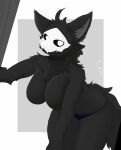  2022 absurd_res aleak_r anthro big_breasts black_body black_fur breasts canid canine changed_(video_game) clothed clothing digital_drawing_(artwork) digital_media_(artwork) english_text female first_person_view fluffy fluffy_tail fur hair hi_res huge_breasts leaning leaning_forward looking_at_viewer mammal mask neck_tuft nude partially_clothed puro_(changed) shaded signature simple_background skull_mask solo squish text thick_thighs tuft underwear video_games watermark white_eyes wide_hips 
