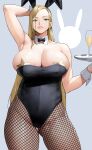  1girl absurdres animal_ears arm_behind_head arm_up armpits bangs bare_shoulders black_leotard blonde_hair blue_eyes bow bowtie breasts cleavage collarbone covered_nipples cup detached_collar drinking_glass fake_animal_ears fishnet_legwear fishnets grin highleg highleg_leotard highres large_breasts leotard long_hair looking_at_viewer original parted_bangs pasties playboy_bunny rabbit_ears smile solo star_pasties thighs tray wrist_cuffs yoshio_(55level) 