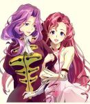  2girls breasts code_geass collarbone cornelia_li_britannia dress earrings euphemia_li_britannia hair_behind_ear jacket jewelry juliet_sleeves large_breasts long_hair long_sleeves looking_down military military_uniform multiple_girls open_mouth pink_dress pink_hair puffy_sleeves purple_eyes purple_hair red_jacket shrug_(clothing) siblings sisters smile strapless strapless_dress tarou_(user_tpmh7442) uniform very_long_hair white_background 