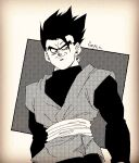  1boy artist_name bangs black_eyeshadow commentary_request dougi dragon_ball dragon_ball_super earrings eyeshadow fenyon goku_black halftone jewelry looking_to_the_side makeup male_focus monochrome possessed potara_earrings sash shirt simple_background smirk solo son_gohan spiked_hair upper_body v-shaped_eyebrows 