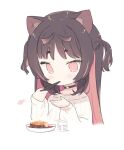  1girl animal_ear_fluff animal_ears bangs black_choker black_hair blade_(galaxist) blush cat_ears chibi choker chopsticks commentary_request cropped_torso cup drinking_glass eyebrows_visible_through_hair food food_request hands_up holding holding_chopsticks long_hair long_sleeves multicolored_hair nekoyama_nae pink_eyes pink_hair short_eyebrows simple_background sleeves_past_wrists solo sweater thick_eyebrows toranoana two-tone_hair two_side_up upper_body virtual_youtuber white_background white_sweater 