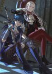  2girls ashiwara_yuu blue_eyes blue_hair boots breasts byleth_(fire_emblem) byleth_(fire_emblem)_(female) dagger edelgard_von_hresvelg fire_emblem fire_emblem:_three_houses gloves highres interior knife large_breasts multiple_girls pantyhose red_eyes red_legwear sword sword_of_the_creator throne weapon white_gloves white_hair 